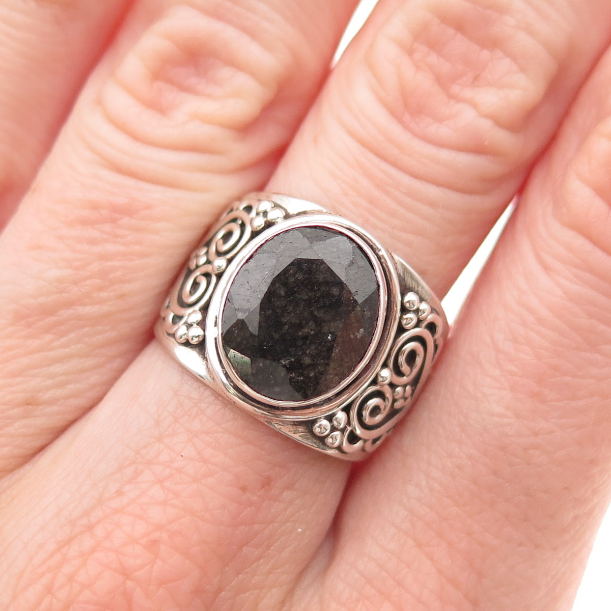 Samuel Benham Sterling Silver Vintage Real Black Sapphire Heart Ring Size 7.25