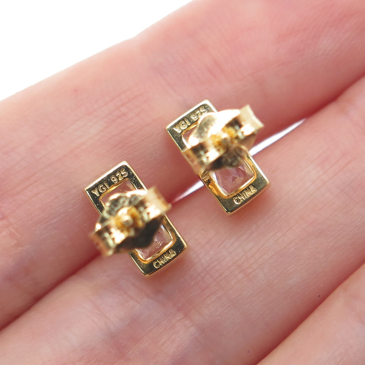 925 Sterling Silver Gold Plated Baguette-Cut C Z Stud Earrings
