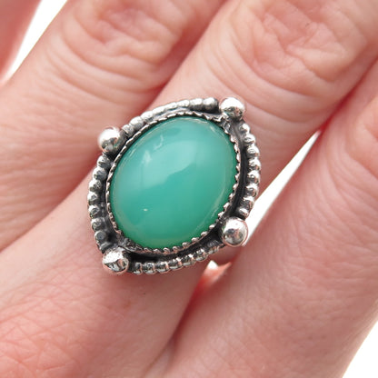 925 Sterling Silver Vintage Real Cabochon Chrysoprase Oxidized Ring Size 7.5
