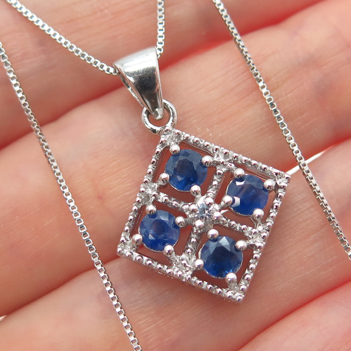 925 Sterling Silver Real Sapphire & White Topaz Box Chain Necklace 18"