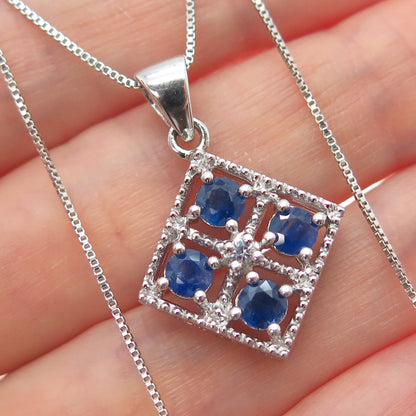 925 Sterling Silver Real Sapphire & White Topaz Box Chain Necklace 18"