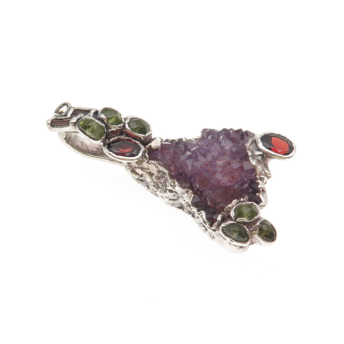 925 Sterling Vintage Real Amethyst Tourmaline Garnet & Peridot Modernist Pendant