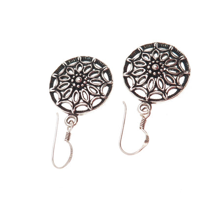 925 Sterling Silver Vintage Floral Oxidized Dangle Earrings