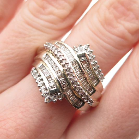 Sun 925 Sterling Silver Gold Plated Real Round & Emerald-Cut Diamond Ring Size 7