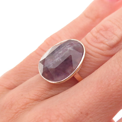 925 Sterling Silver Gold Plated Vintage Real Amethyst Modernist Ring Size 6