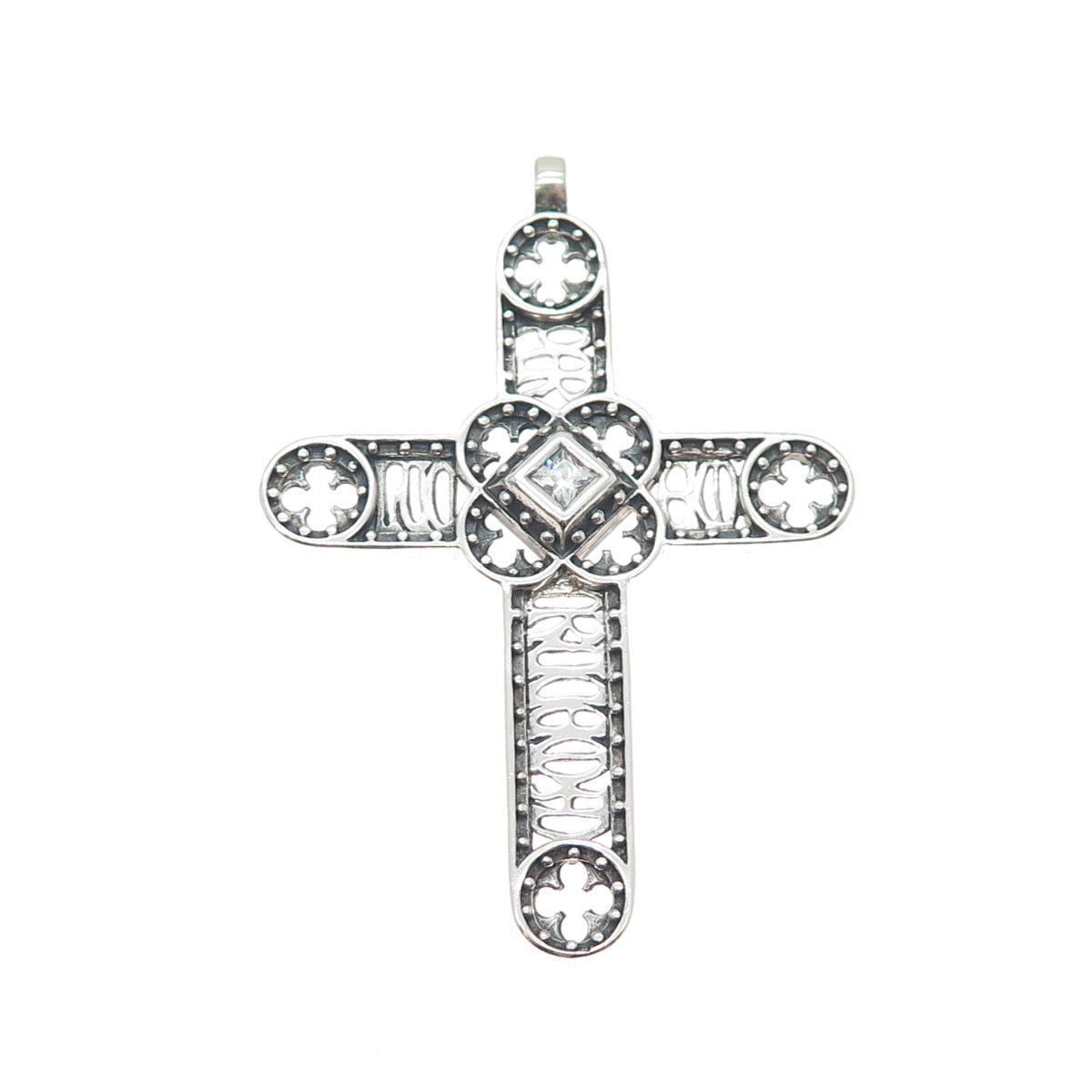 925 Sterling Silver Vintage Princess-Cut C Z Cross Oxidized Slide Pendant