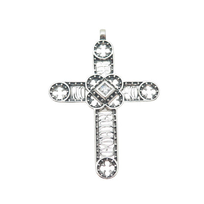 925 Sterling Silver Vintage Princess-Cut C Z Cross Oxidized Slide Pendant