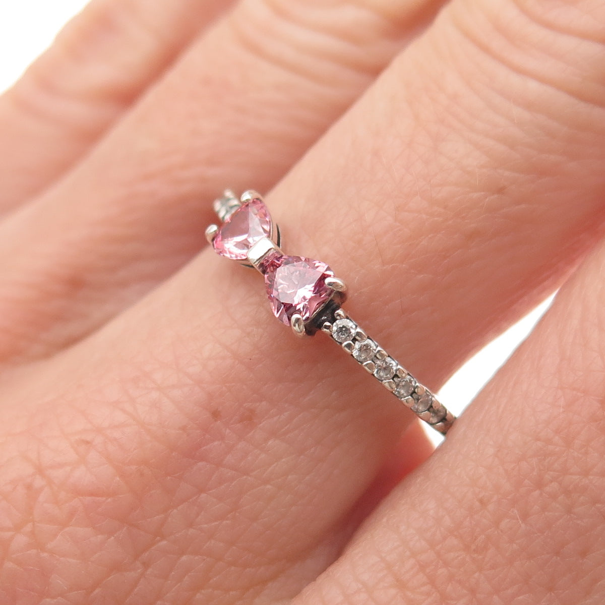 Pandora 925 Sterling Silver C Z Sparkling Pink Bow Ring Size 7.75