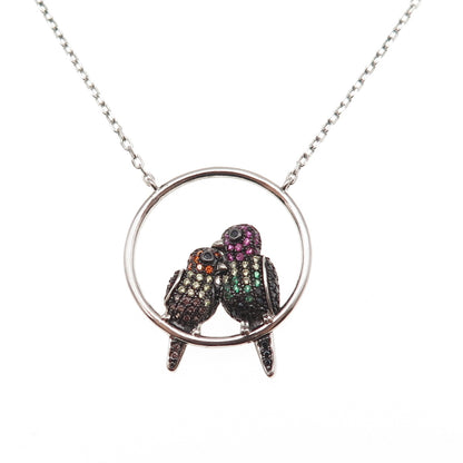 925 Sterling Real Round-Cut Multi-Color Gem Birds Cable Chain Necklace 16-18"