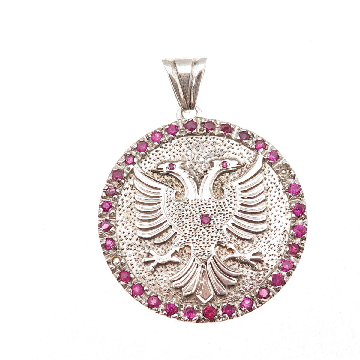 925 Sterling Vintage Real Ruby Double-Headed Eagle Pendant (missing 2 stones)