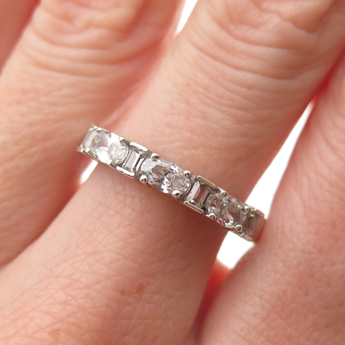 925 Sterling Silver Oval & Emerald-Cut C Z Half Eternity Band Ring Size 8.25