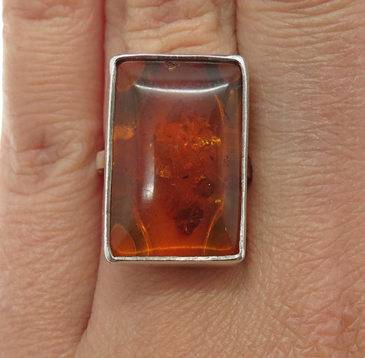 925 Sterling Silver Vintage Real Baltic Amber Modernist Ring Size 6.5