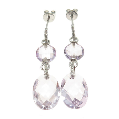 925 Sterling Silver Real White Diamond & Amethyst Gemstone Dangle Earrings