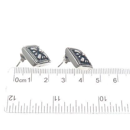 925 Sterling Silver Vintage Floral Roped Bezel Oxidized Stud Earrings