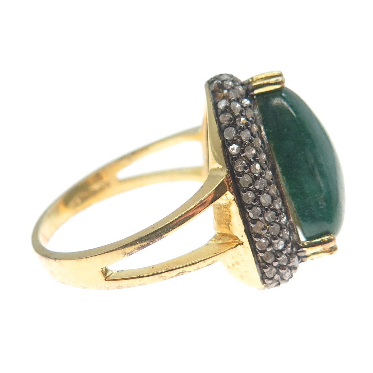 925 Sterling Gold Plated Real Diamond Malachite Ring Size 8.5 (missing 1 stone)