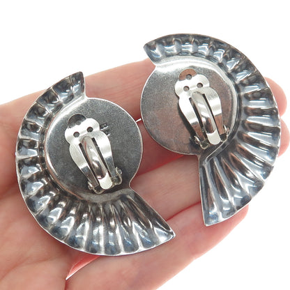 925 Sterling Silver Vintage Mexico Modernist Oxidized Clip On Earrings