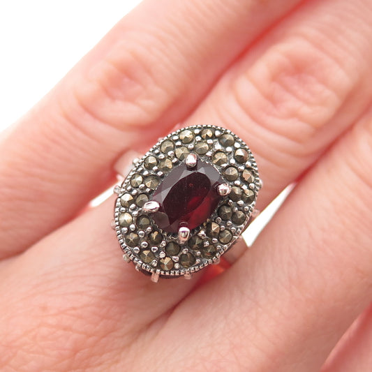 925 Sterling Silver Vintage Real Red Garnet & Marcasite Oxidized Ring Size 6
