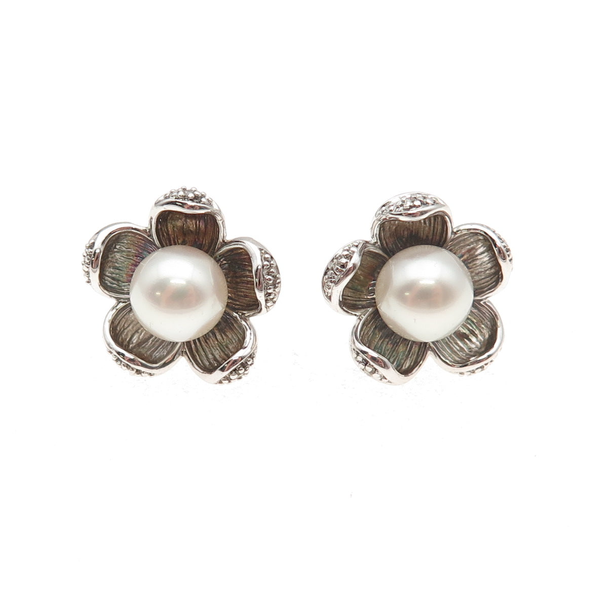 925 Sterling Silver Real Diamond & Pearl Floral Stud Earrings