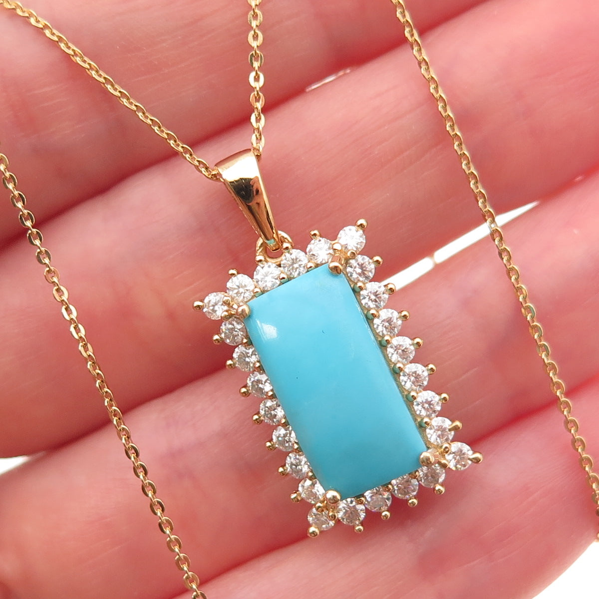 D'Joy Sterling Silver Gold Plated Real Turquoise & Moissanite Chain Necklace 20"