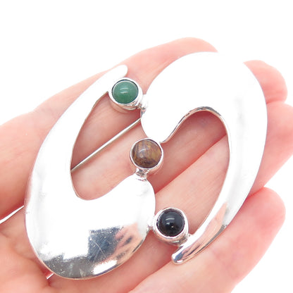 925 Sterling Silver Vintage Mexico Black & Green Onyx Tiger Eye Modernist Brooch