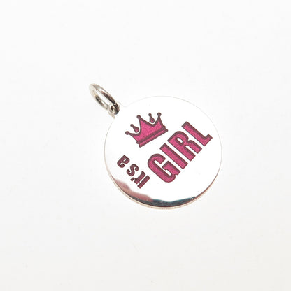 925 Sterling Silver Pink Enamel It's a Girl Round Tag Mini Charm Pendant