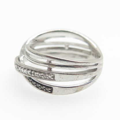 925 Sterling Silver Real Round-Cut Black & White Diamond Crisscross Ring Size 7