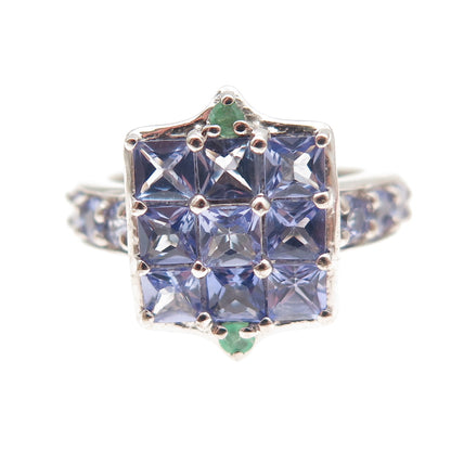 Chuck Clemency 925 Sterling Silver Real Tanzanite & Emerald Ring Size 5.25