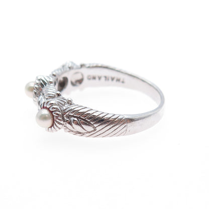 JUDITH RIPKA 925 Sterling Silver Real Pearl 3-Station Ring Size 10