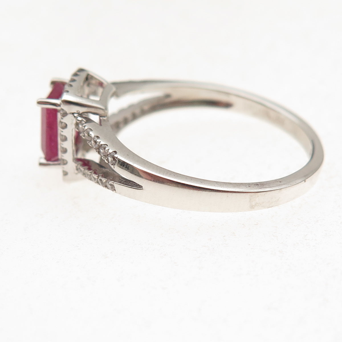 925 Sterling Silver Real Emerald-Cut Ruby & Round-Cut C Z Ring Size 9.25