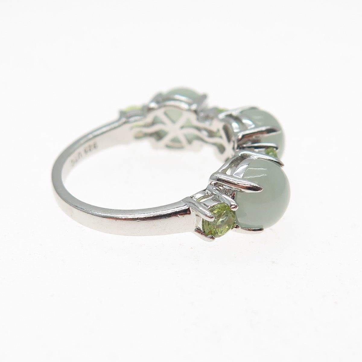 925 Sterling Silver Real Cabochon Jade & Round-Cut Peridot Ring Size 5.25