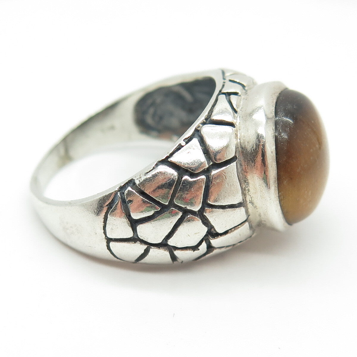 925 Sterling Silver Vintage Real Tiger Eye Gemstone Nugget Ring Size 11.75