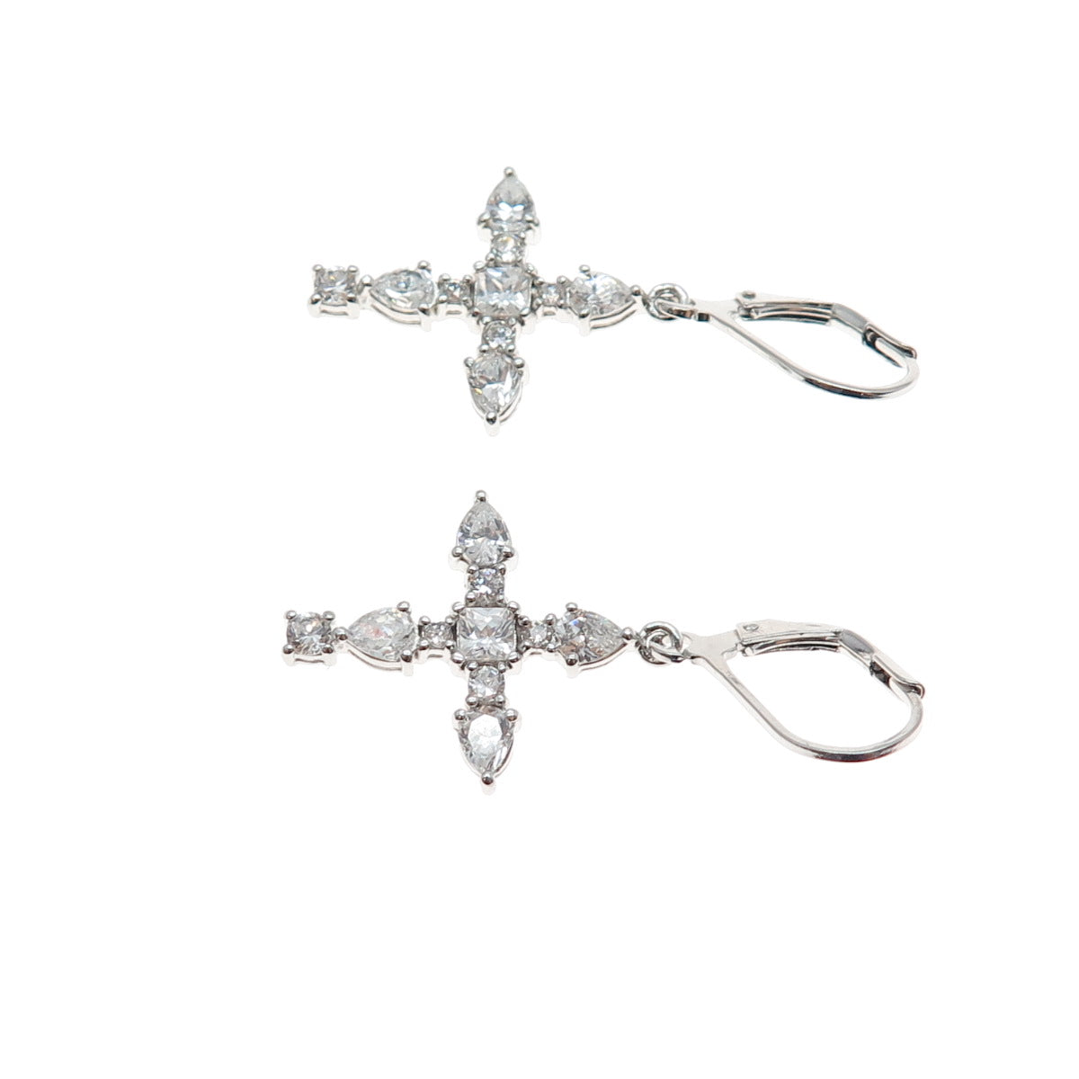 925 Sterling Silver Princess Pear & Round-Cut C Z Cross Dangle Earrings