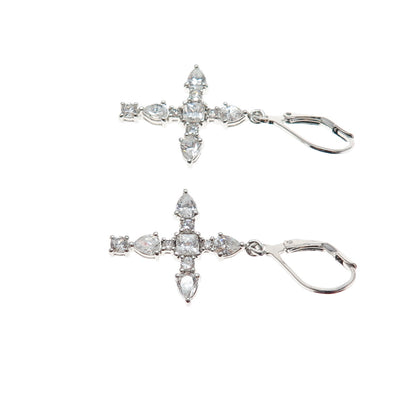 925 Sterling Silver Princess Pear & Round-Cut C Z Cross Dangle Earrings