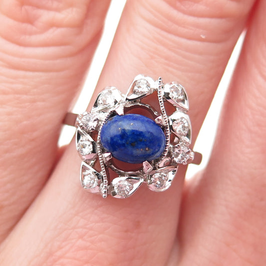 925 Sterling Silver Real Lapis Lazuli & C Z Cluster Ring Size 7