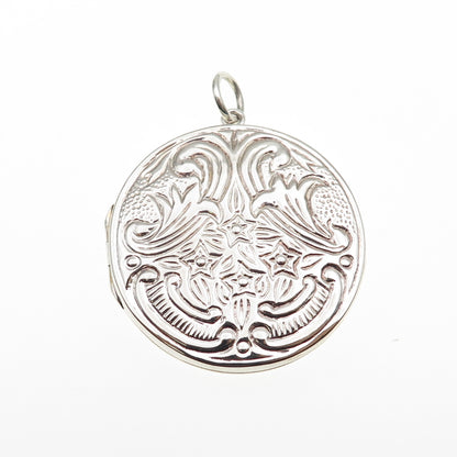 925 Sterling Silver Vintage Floral Repousse Round Locket Pendant