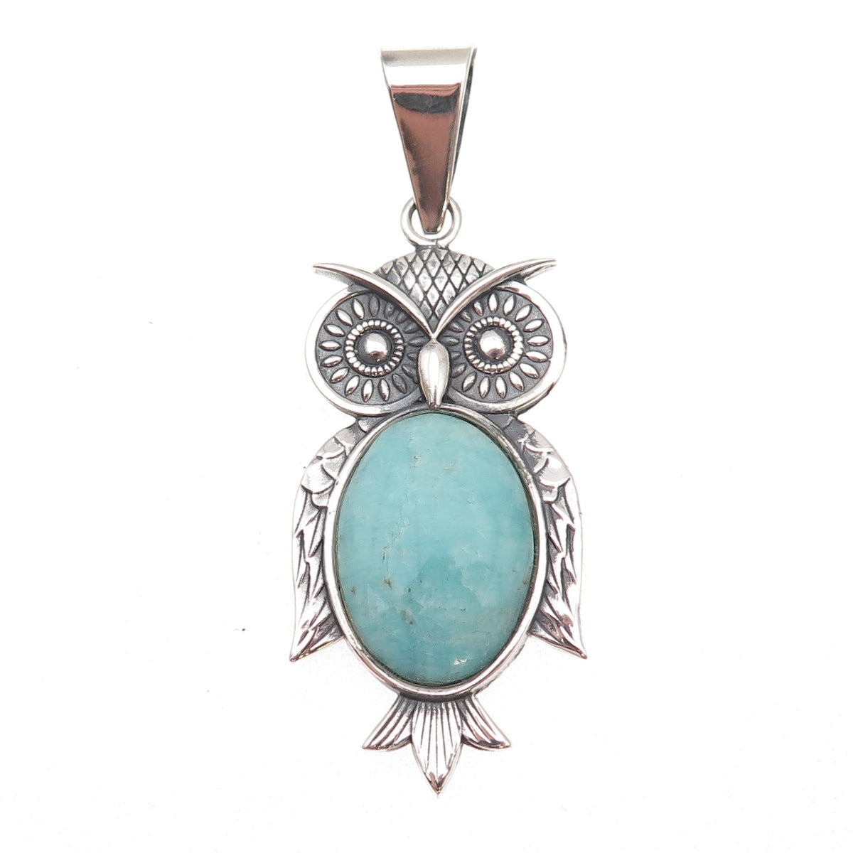 950 Silver Vintage Real Amazonite Owl Bird Oxidized Pendant