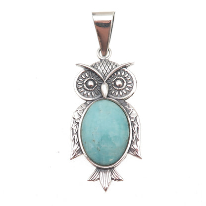 950 Silver Vintage Real Amazonite Owl Bird Oxidized Pendant