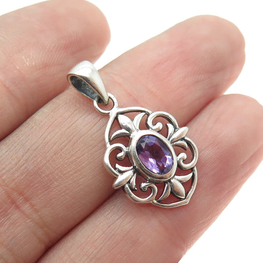 925 Sterling Silver Vintage Real Amethyst Gemstone Fleur-de-Lis Pendant