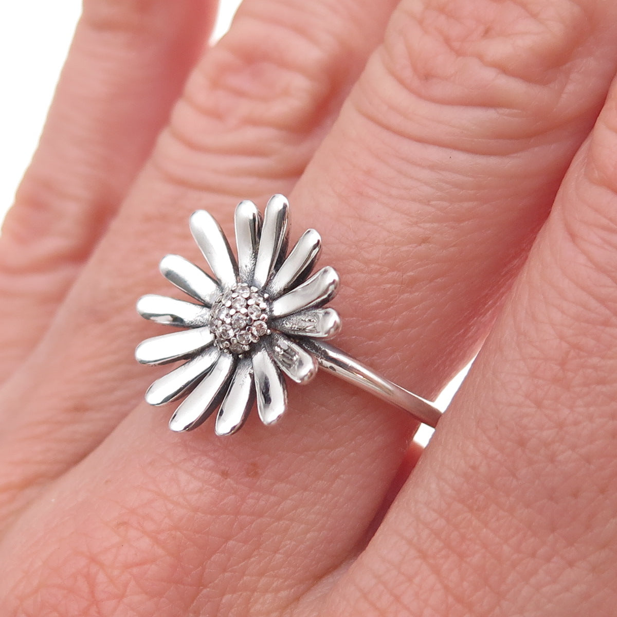 Pandora 925 Sterling Silver C Z Daisy Flower Ring Size 7