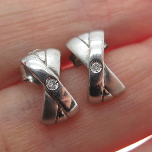 925 Sterling Silver Vintage Real Round-Cut Diamond Modernist X Shape Earrings