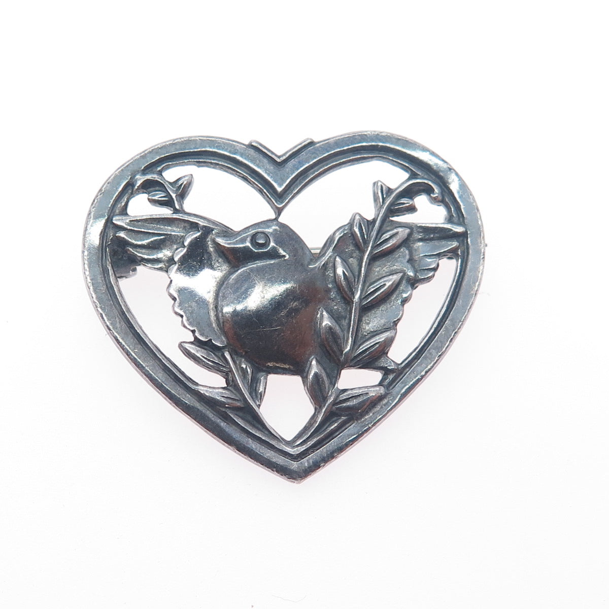 CORO 925 Sterling Silver Antique Art Deco Dove Bird Heart Oxidized Pin Brooch