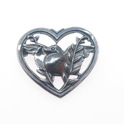 CORO 925 Sterling Silver Antique Art Deco Dove Bird Heart Oxidized Pin Brooch