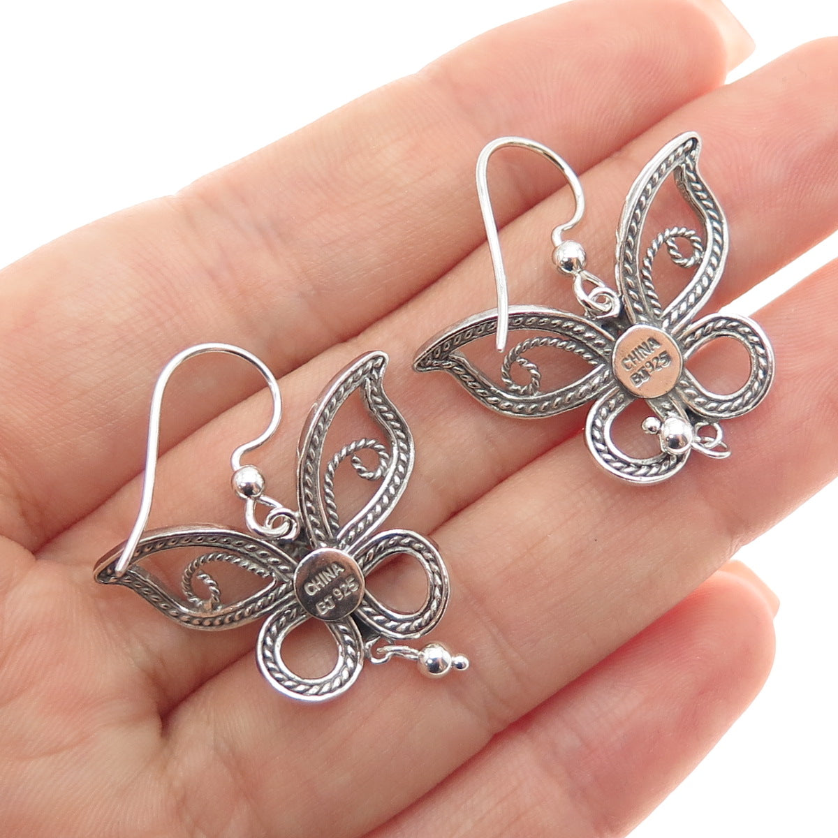 925 Sterling Silver Vintage Butterfly Oxidized Dangle Earrings