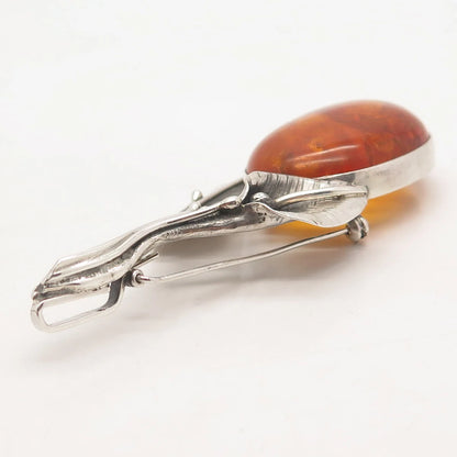 925 Sterling Silver Vintage Graciana Real Amber Floral Leaf Pin Brooch