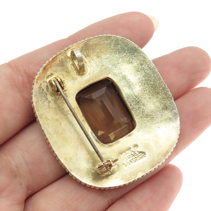 935 Silver Gold Plated Vintage Israel Smoky Quartz Cannetille Brooch / Pendant