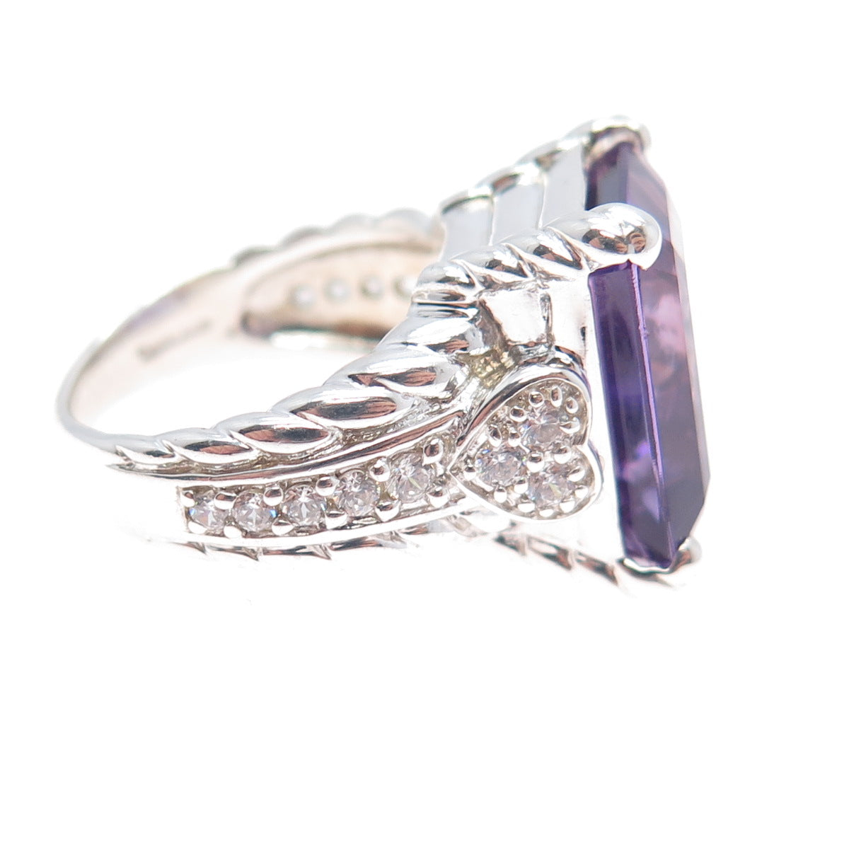 JUDITH RIPKA 925 Sterling Silver Real Emerald-Cut Amethyst & C Z Ring Size 6.25