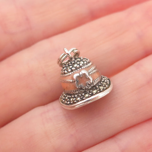 Judith Jack 925 Sterling Silver Vintage Enamel Real Marcasite Floral Hat Pendant