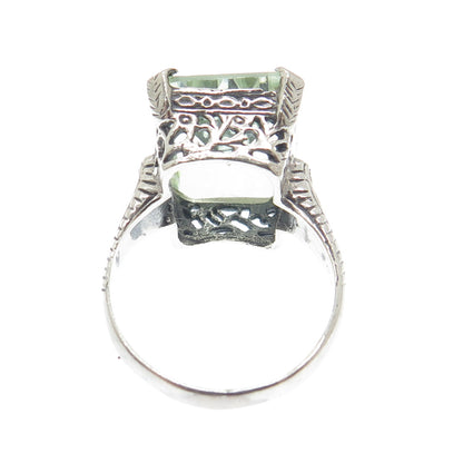 925 Sterling Silver Vintage Real Emerald-Cut Green Topaz Filigree Ring Size 7.25