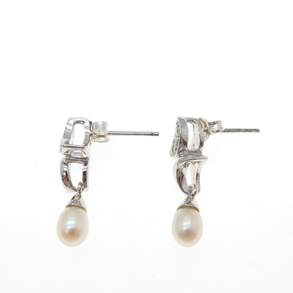 925 Sterling Silver Real Pearl & Round-Cut C Z Crescent Dangle Earrings