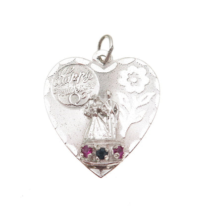 CREA Sterling Silver Vintage Rhinestone Happy Anniversary Heart Charm Pendant